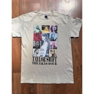 Taylor Swift The Eras Tour T Shirt Beige‎ MED Cities Two Sided Concert Gildan